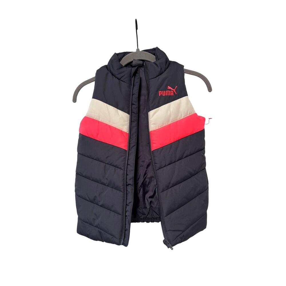 Puma Kids Puffer Vest Size 8 Navy Pink White Full Zip Lightweight Winter Coat - Picture 2 of 9